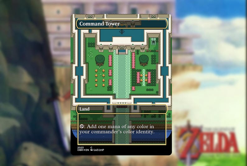 May include: A Magic: The Gathering card featuring a top-down view of a Command Tower, with green and pink landscaping. The card has text that reads "Land" and "Add one mana of any color in your commander's color identity."
