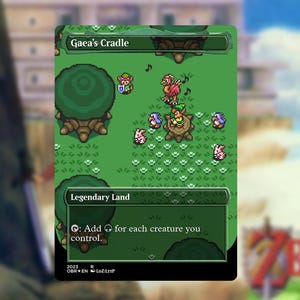 May include: A green card with the text "Gaea's Cradle" and "Legendary Land". The card features a pixelated illustration of a forest scene with characters. The text "Add for each creature you control" is also present.
