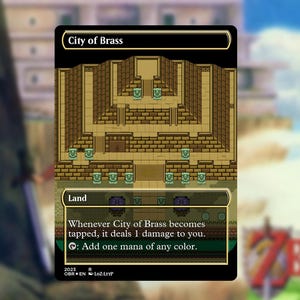 May include: A trading card with the title "City of Brass" features a pixelated map design in shades of brown and tan. The card includes game text and a mana symbol. The background is a blurred image of a landscape.