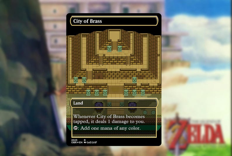 May include: A trading card with the title "City of Brass" features a pixelated map design in shades of brown and tan. The card includes game text and a mana symbol. The background is a blurred image of a landscape.