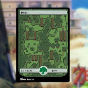 May include: A green and brown "Forest" card from the "Magic: The Gathering" trading card game. The card features a stylized map of a forest with trees and paths. The text "Forest" appears at the top and bottom, with "Basic Land" below.