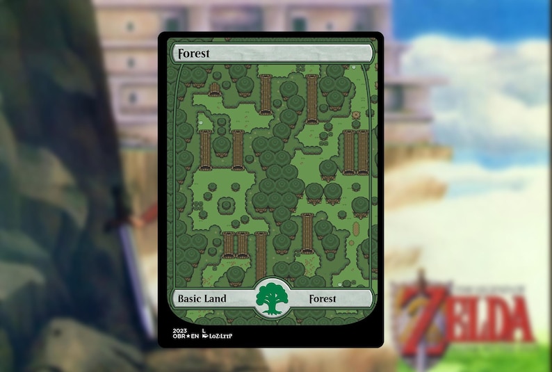 May include: A green and brown "Forest" card from the "Magic: The Gathering" trading card game. The card features a stylized map of a forest with trees and paths. The text "Forest" appears at the top and bottom, with "Basic Land" below.