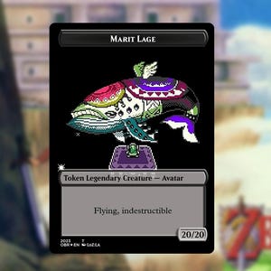 May include: A Marit Lage card featuring a pixelated whale-like creature with a colorful design. The card reads "Marit Lage" at the top, and "Token Legendary Creature - Avatar" below the image. The card also states "Flying, indestructible" and has a 20/20 power/toughness.