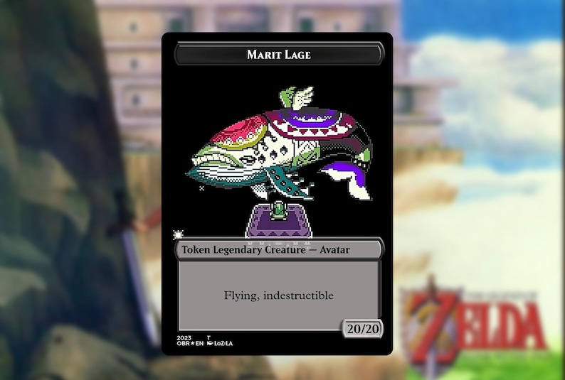 May include: A Marit Lage card featuring a pixelated whale-like creature with a colorful design. The card reads "Marit Lage" at the top, and "Token Legendary Creature - Avatar" below the image. The card also states "Flying, indestructible" and has a 20/20 power/toughness.