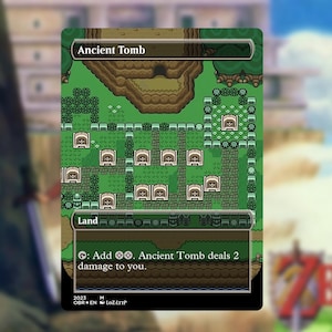 May include: A rectangular card featuring a pixelated map with the text "Ancient Tomb" at the top. The card has a green and brown color scheme, with text at the bottom that reads "Land". The card is part of a Zelda-themed game.