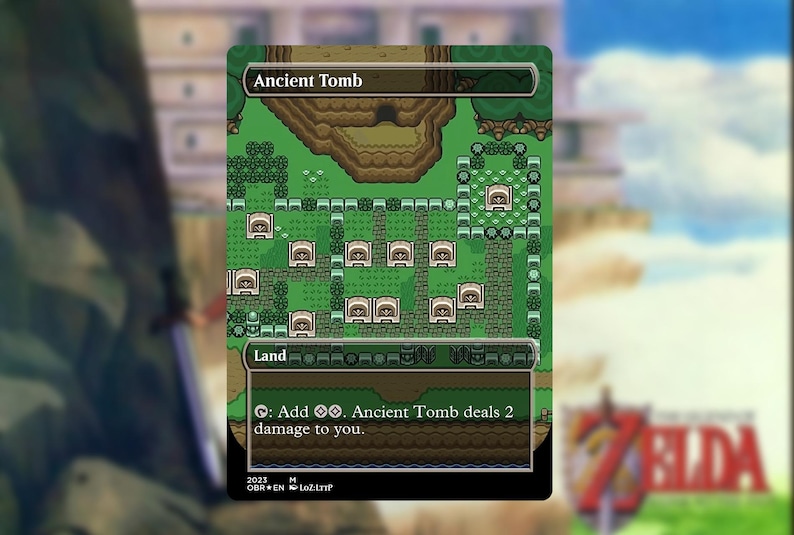 May include: A rectangular card featuring a pixelated map with the text "Ancient Tomb" at the top. The card has a green and brown color scheme, with text at the bottom that reads "Land". The card is part of a Zelda-themed game.
