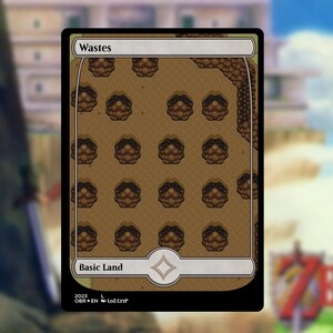 May include: A trading card with a black border and a brown and tan landscape design. The card is labeled "Wastes" at the top and "Basic Land" at the bottom. The landscape features a grid of brown, circular formations.