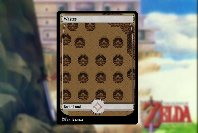 May include: A trading card with a black border and a brown and tan landscape design. The card is labeled "Wastes" at the top and "Basic Land" at the bottom. The landscape features a grid of brown, circular formations.