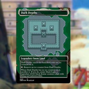 May include: A Magic: The Gathering card titled "Dark Depths" featuring a top-down view of a fortress in shades of gray and teal. The card text describes the card's abilities. The background is a blurred image of a video game.