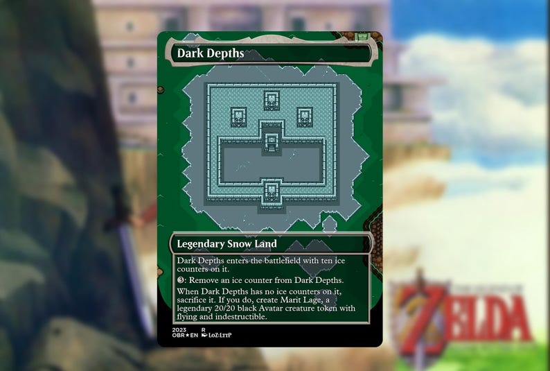 May include: A Magic: The Gathering card titled "Dark Depths" featuring a top-down view of a fortress in shades of gray and teal. The card text describes the card's abilities. The background is a blurred image of a video game.