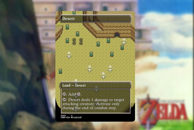 May include: A card with a desert landscape, featuring text that reads "Desert" at the top. The card includes game instructions and the text "Land - Desert". The card is part of a Zelda-themed game.