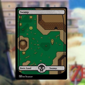 May include: A Magic: The Gathering card featuring a swamp landscape in a pixelated style. The card has a black border with the word "Swamp" at the top and bottom. The card is labeled "Basic Land" and has a skull symbol.
