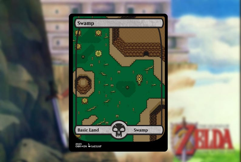 May include: A Magic: The Gathering card featuring a swamp landscape in a pixelated style. The card has a black border with the word "Swamp" at the top and bottom. The card is labeled "Basic Land" and has a skull symbol.
