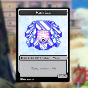 May include: A collectible card featuring the text "MARIT LAGE" at the top. The card displays a pixelated image of a creature with a pink face and blue accents. Text at the bottom reads "Token Legendary Creature - Avatar" and "Flying, indestructible."