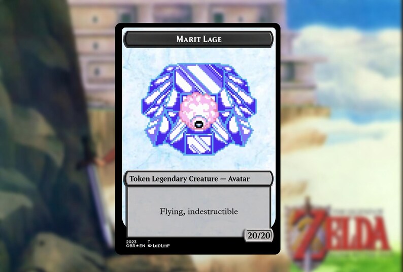 May include: A collectible card featuring the text "MARIT LAGE" at the top. The card displays a pixelated image of a creature with a pink face and blue accents. Text at the bottom reads "Token Legendary Creature - Avatar" and "Flying, indestructible."