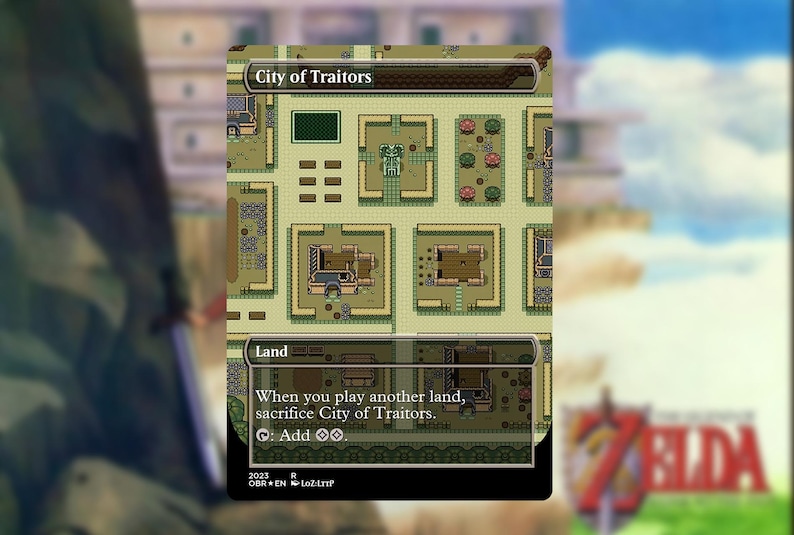 May include: A trading card featuring a pixelated city map labeled "City of Traitors." The card has a green and tan color scheme, with text at the bottom indicating it is a "Land" card. The card is part of a Zelda-themed set.