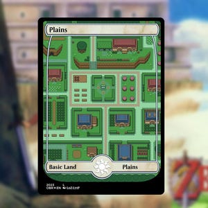 May include: A "Plains" card from a trading card game, featuring a top-down view of a village with green fields, brown buildings, and a white border. The card has the text "Basic Land" and "Plains". The background is a blurred image of a landscape.