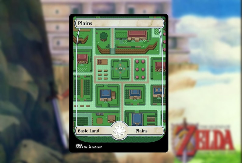 May include: A "Plains" card from a trading card game, featuring a top-down view of a village with green fields, brown buildings, and a white border. The card has the text "Basic Land" and "Plains". The background is a blurred image of a landscape.