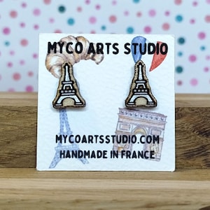 Eiffel Tower Stud Earrings, Pair of Wooden French Post Earrings, Paris Vacation Wood Earrings, Parisian Iconic Themed Fashion Jewellery
