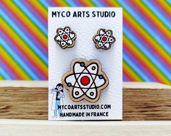 Atom Earrings and Lapel Pin Set, Wooden Post Earrings and Brooch Bundle for Scientist, Quirky Science Themed Jewelry, Physics and Chemistry
