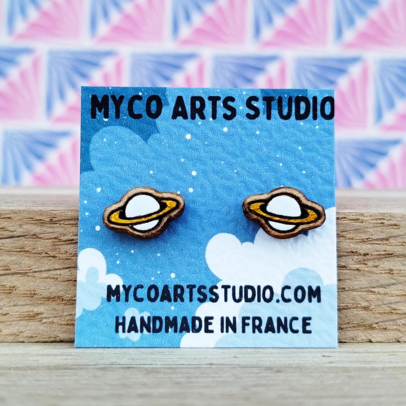 Planet Saturn Earrings, Pair of Wooden Solar System Stud Earrings, Post Wood Outer Space Themed Jewelry, Cute Quirky Unusual Laser Cut