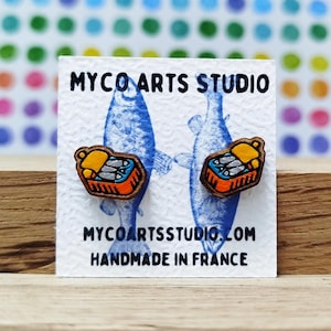 Sardine Tin Earrings, Pair of Wooden Sardine Can Stud Earrings, Fisherman Themed, Wood Fish-Shaped Food Jewelry, Quirky Unusual