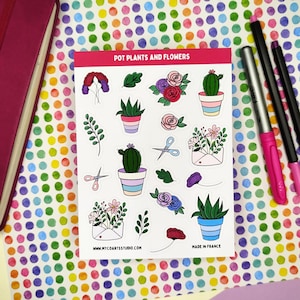 Foglio di adesivi con piante in vaso e fiori, adesivi per diario di giardinaggio, adesivi per pianificatore primaverile, adesivi carini, artigianato, scrapbooking, arte accogliente