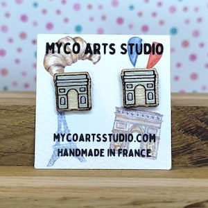 Arc De Triomphe Stud Earrings, Pair of Wooden French Post Earrings, Paris Vacation Wood Earrings, Parisian Monument Themed Fashion Jewellery