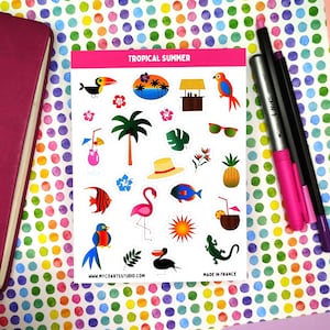 Stickervel tropische zomer, stickers vakantiedagboek, stickers strandvakantieplanner, leuke stickers, knutselen, scrapbooking, gezellige kunst