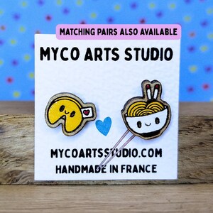 Mismatched Ramen Fortune Cookie Stud Earrings, Wooden Kawaii Food Post Earrings, Asian Cuisine Novelty Jewelry, Cute Asymmetric Foodie Gift