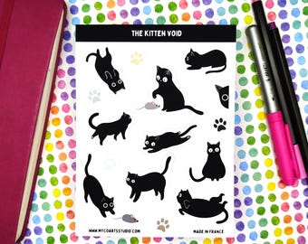 Svart kattunge klistermärkesark, Void Cat Journal klistermärken, Katt-tema planer stickers, Söta Bullet Journal klistermärken, Hantverk, Scrapbooking