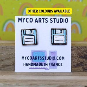 Retro diskettörhängen, par träörhängen i vintage-stil med IT-stift, smycken med trätema, handmålade diskett