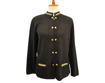 Pull cardigan noir et or vintage Dylani en tricot de style militaire des années 80 et 90, taille M
