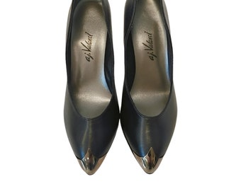 NOS Vintage Black Heels, Silver Tips, 9B