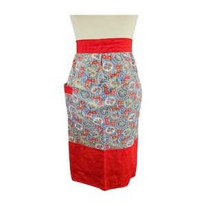 Vtg red and blue solid and print half apron, large size