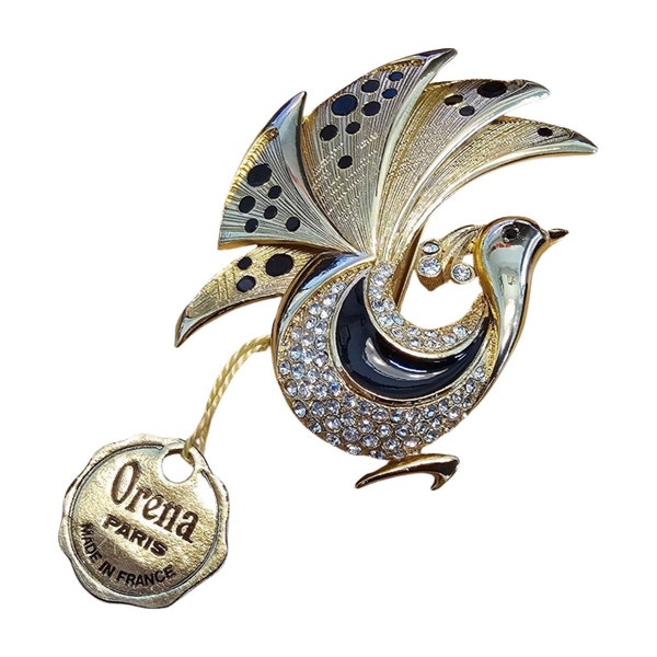 Vintage NWT French Orena Paris Bird Brooch, Gold Rhinestones Black, Enamel, Peacock