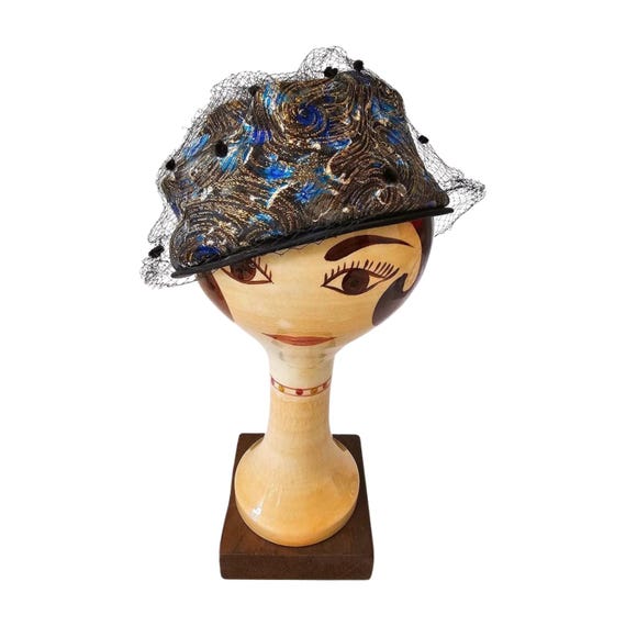 Vintage Metallic Brocade Cocktail Hat w/ Veil Bow Fascinator Black Gold 50 main image 2