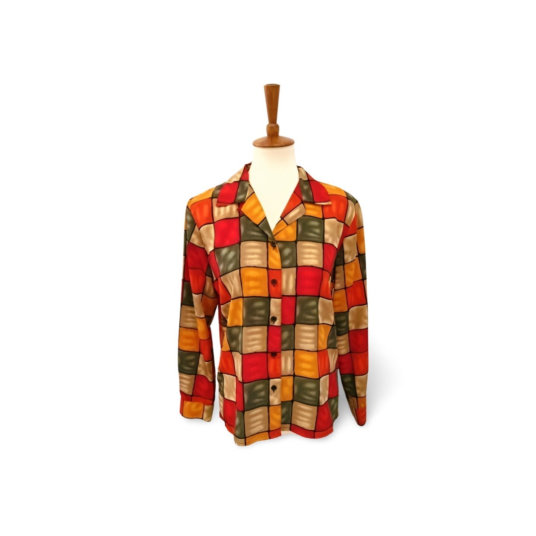 Vintage colorblock V-neck button blouse