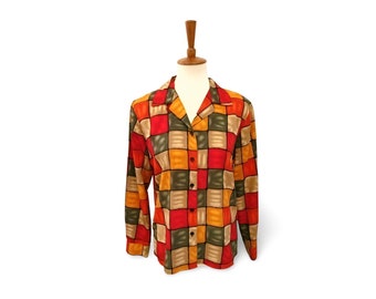 Blusa ou camisa vintage Notations color block, tamanho M, botões frontais, gola