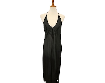 Vintage Uluwatu Black Halter Dress | Embroidery | Rayon | XL