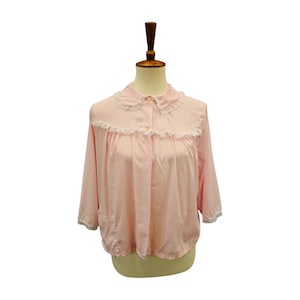 Vintage Pink Bed Jacket w/ Lace Trim & Ribbon Tie | 3/4 Sleeve