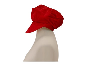Vintage red velvet cap, Union Label, women's, British style Newsboy, Mod Go Go