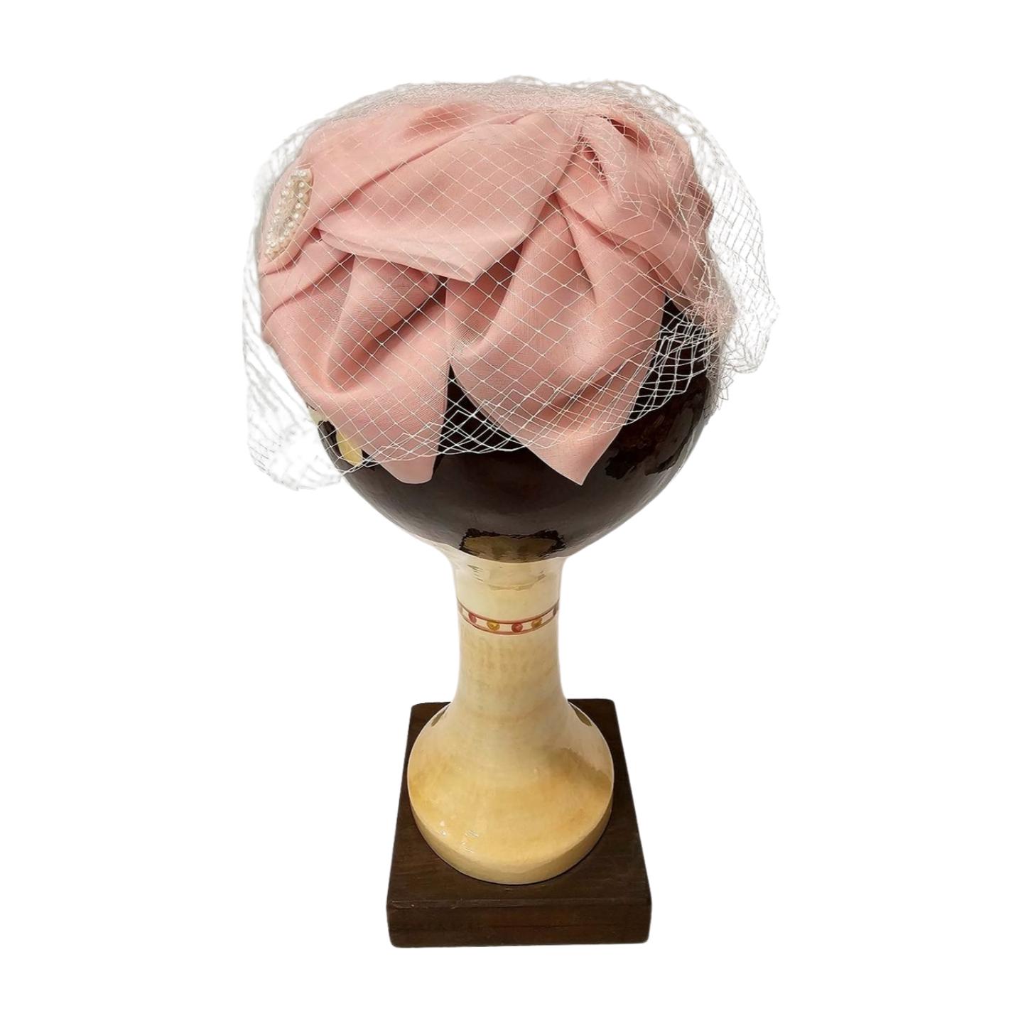 1950s Pink Veiled Hat With Pearl & Sequin Appliqués 