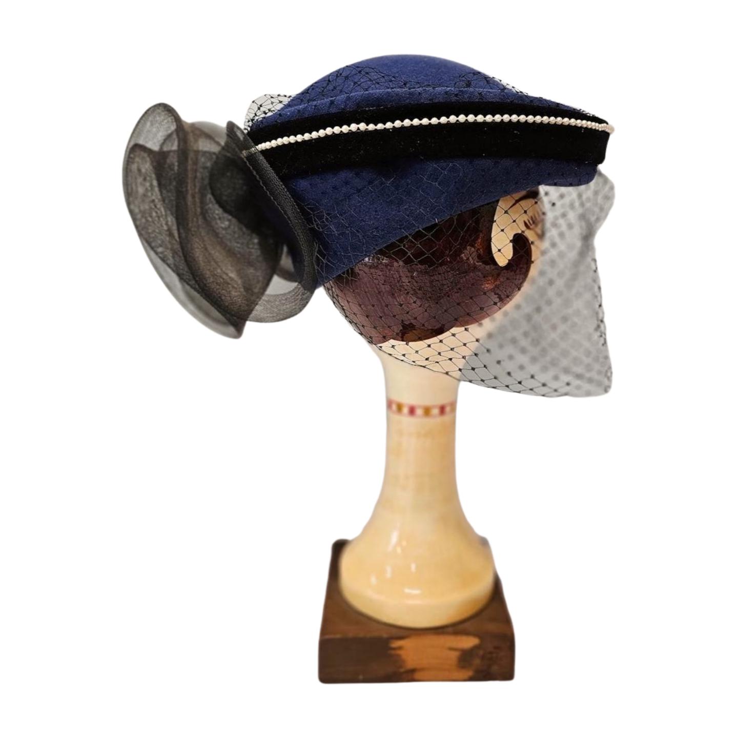 Elegant Vintage 1950\'s Navy Wool Hat with Pearl Detail Vintage 1950s Navy Wool Hat | Net Veil & Pearl Trim | Union  main image 2