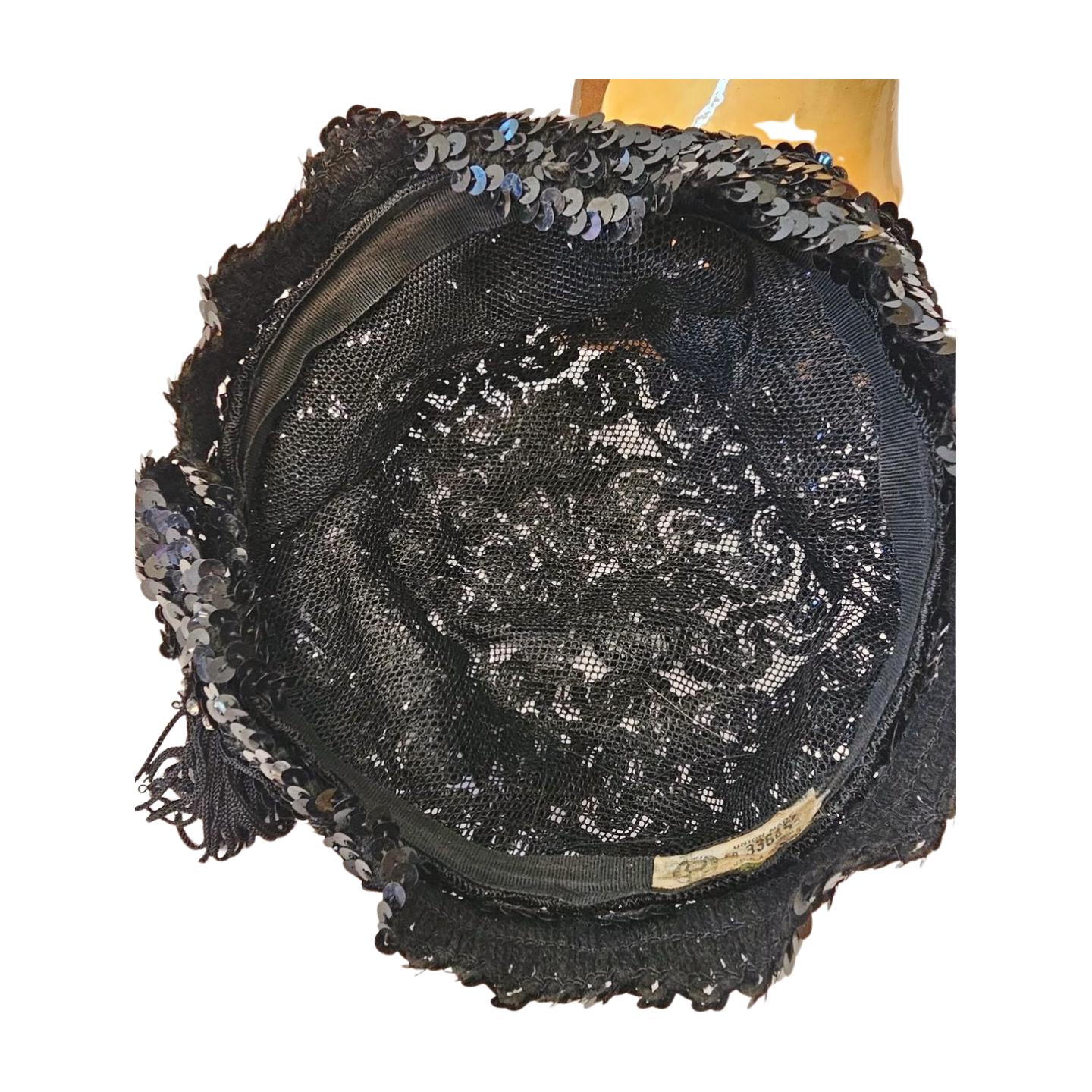 Vintage 1950s Black Sequin Cocktail Hat With Rhinestone 