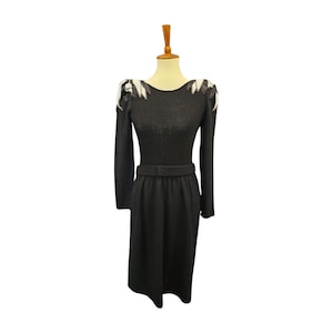 Vintage Black Knit Beaded Shoulder Cocktail Dress 80s