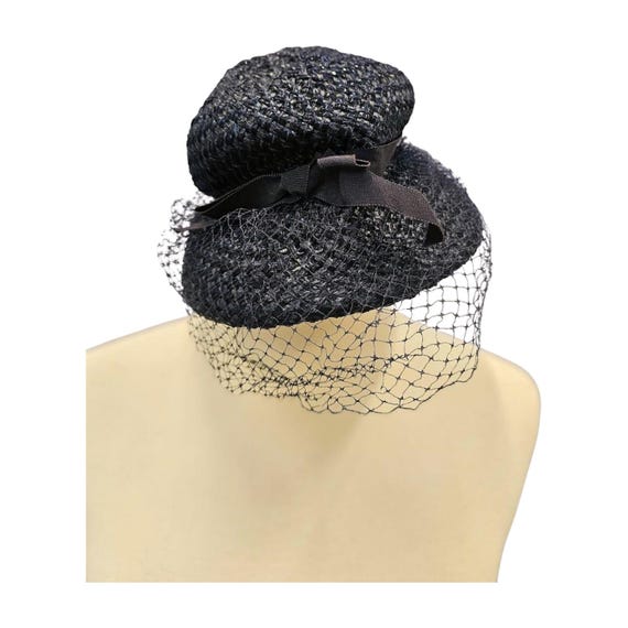Vintage Navy Straw Hat With Veil and Ribbon, Union Label  display picture 2