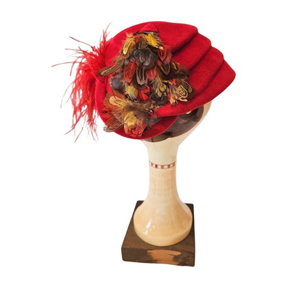 Vintage Wethern’s Red Feather Velour Hat Velour R… - image 4