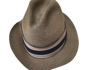 Vintage Men's Woven Fedora Hat with Striped Grosgrain Band Navy & Tan Summer Trilby