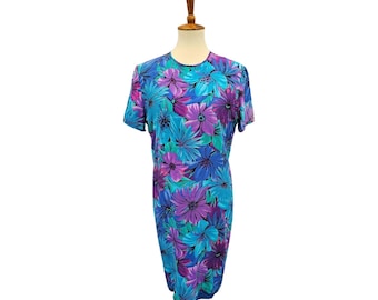 Vintage Spenser Jeremy Silk Dress Bold Blue Purple Floral